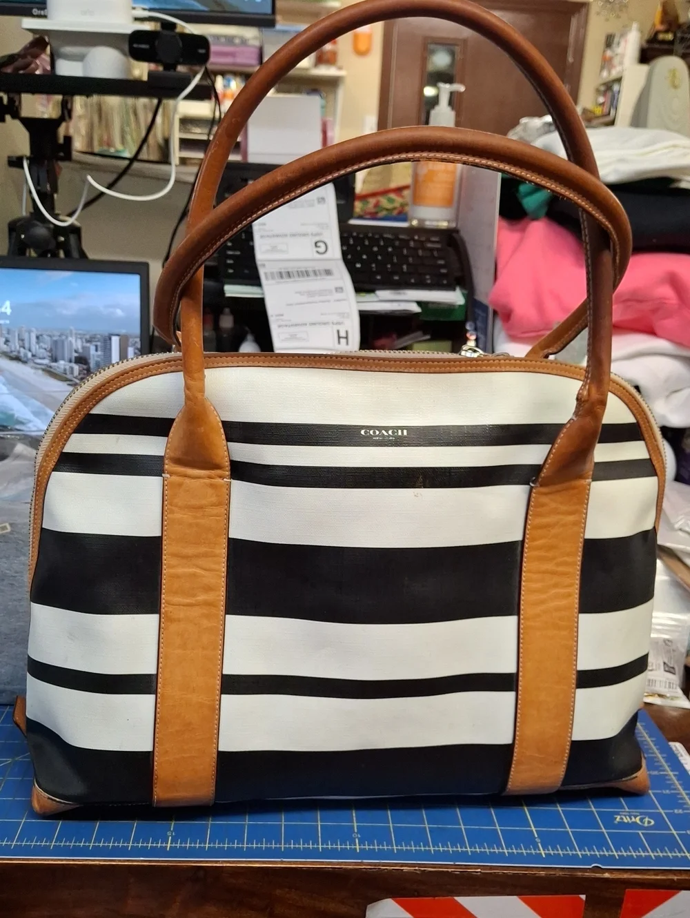 COACH Black & White Striped Tote with Tan Leather Trim Preloved